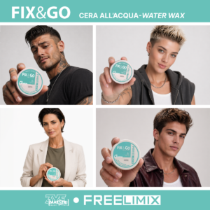 Fix&Go Cera all’acqua Freelimix tenuta forte con modelli che mostrano il prodotto